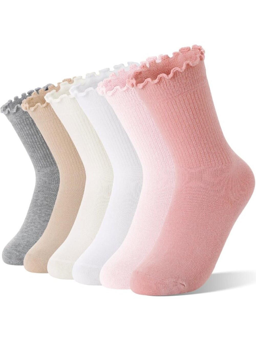 Girls Ruffle Crew Socks - 6 Pairs Frilly Cotton Uniform School Socks